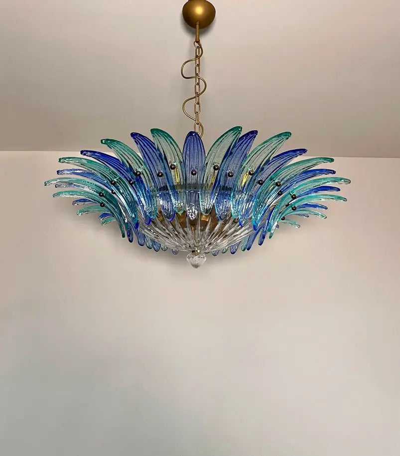 Murano Kroonluchter – 36 Heldere en Blauwe Palmetteglazen – detail 2 – Murano Classics