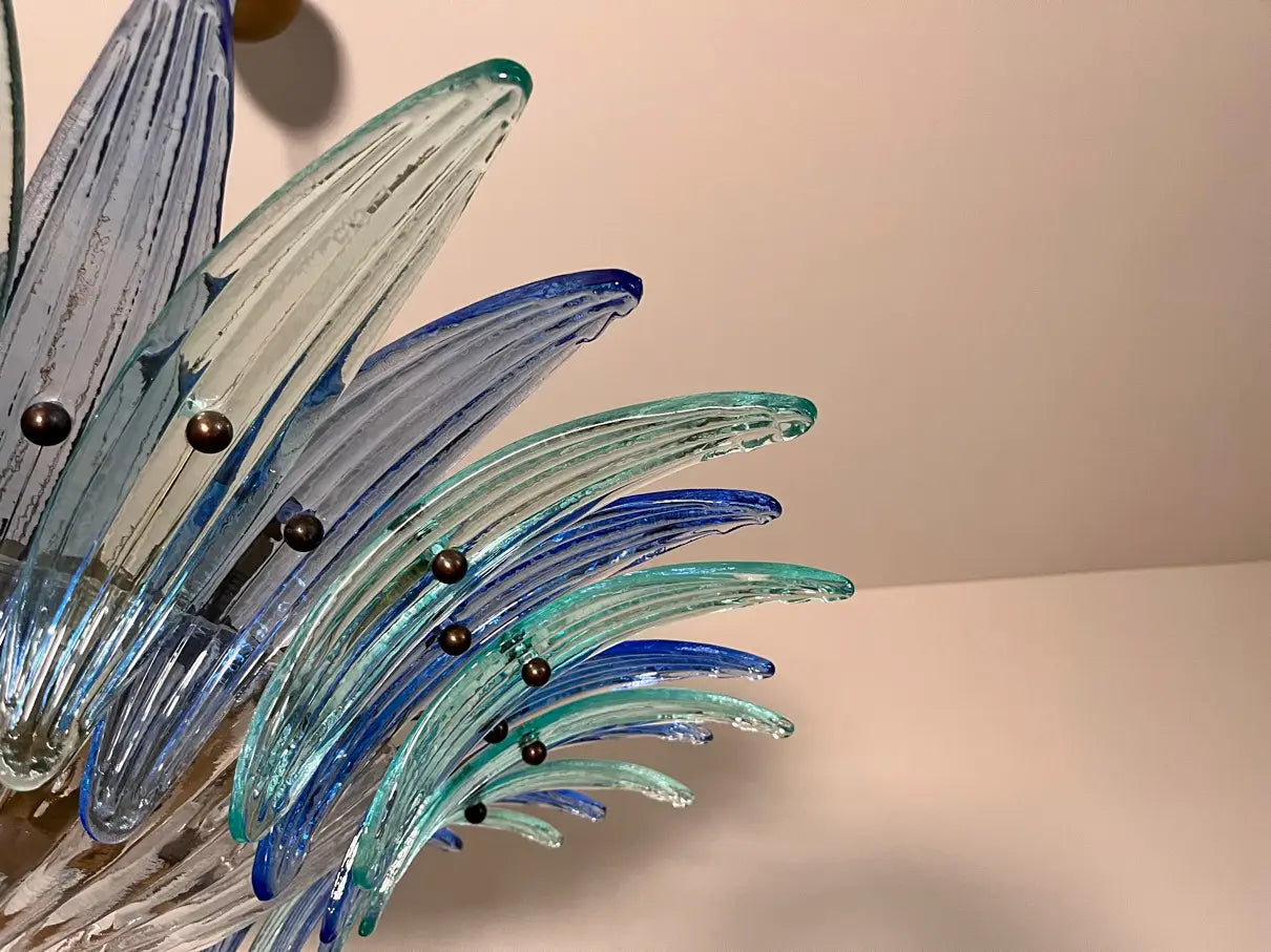 Murano Kroonluchter – 36 Heldere en Blauwe Palmetteglazen – detail 4 – Murano Classics
