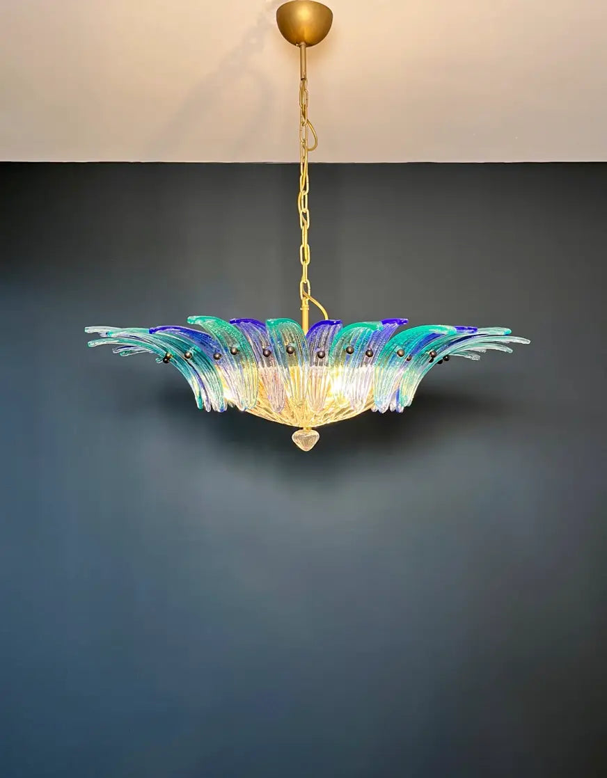 Murano Kroonluchter – 36 Heldere en Blauwe Palmetteglazen – detail 6 – Murano Classics