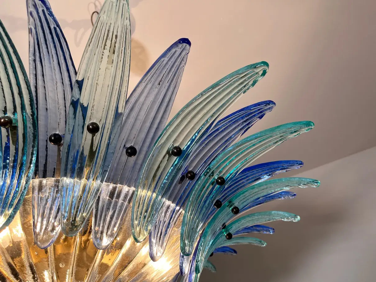 Murano Kroonluchter – 36 Heldere en Blauwe Palmetteglazen – detail 8 – Murano Classics