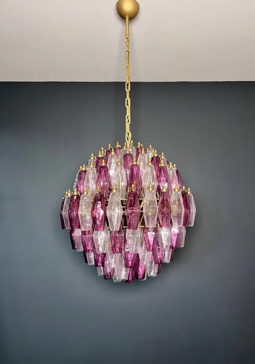 Murano Kroonluchter | 140 Paarse en Heldere Poliedri Glas