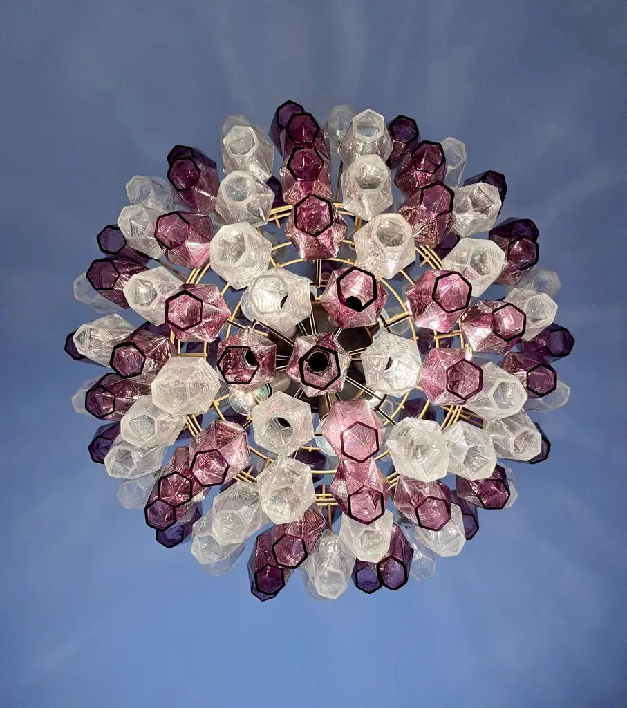Murano Kroonluchter | 140 Paarse en Heldere Poliedri Glas
