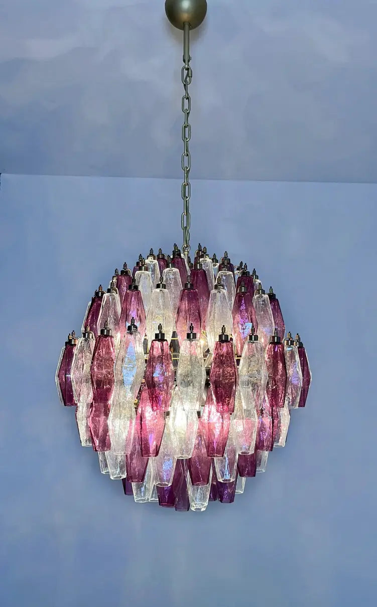 Murano Kroonluchter | 140 Paarse en Heldere Poliedri Glas
