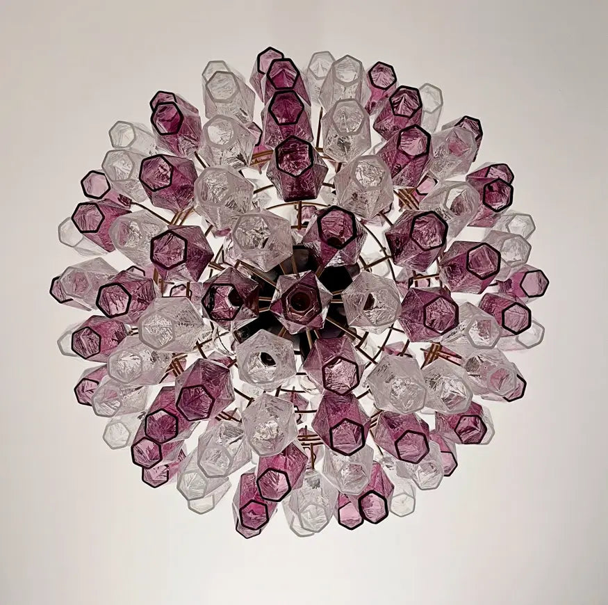 Murano Kroonluchter | 140 Paarse en Heldere Poliedri Glas