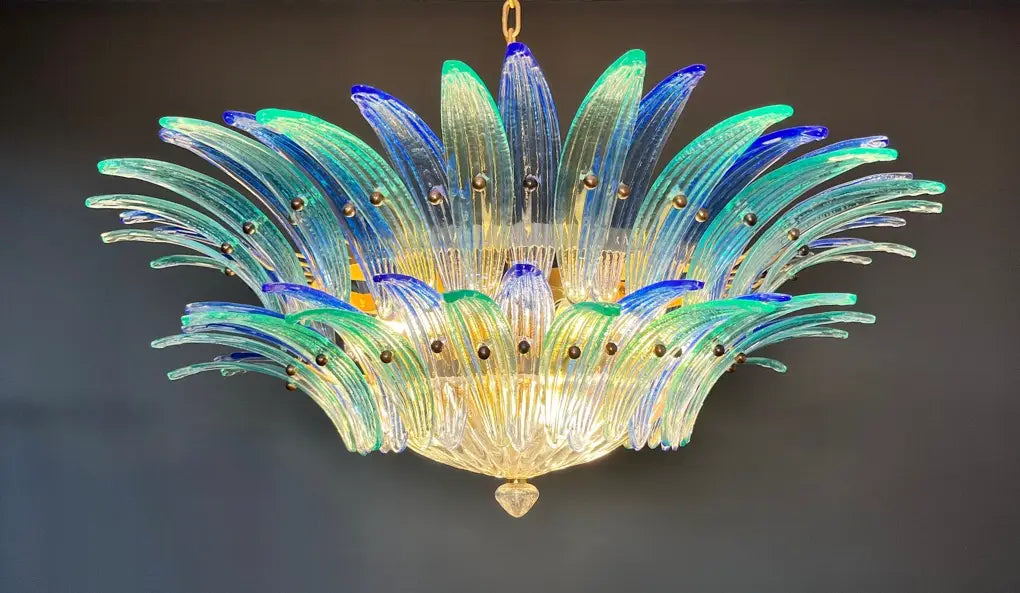 Murano Kroonluchter | 82 Blauwe en Turquesa Palmette Glas
