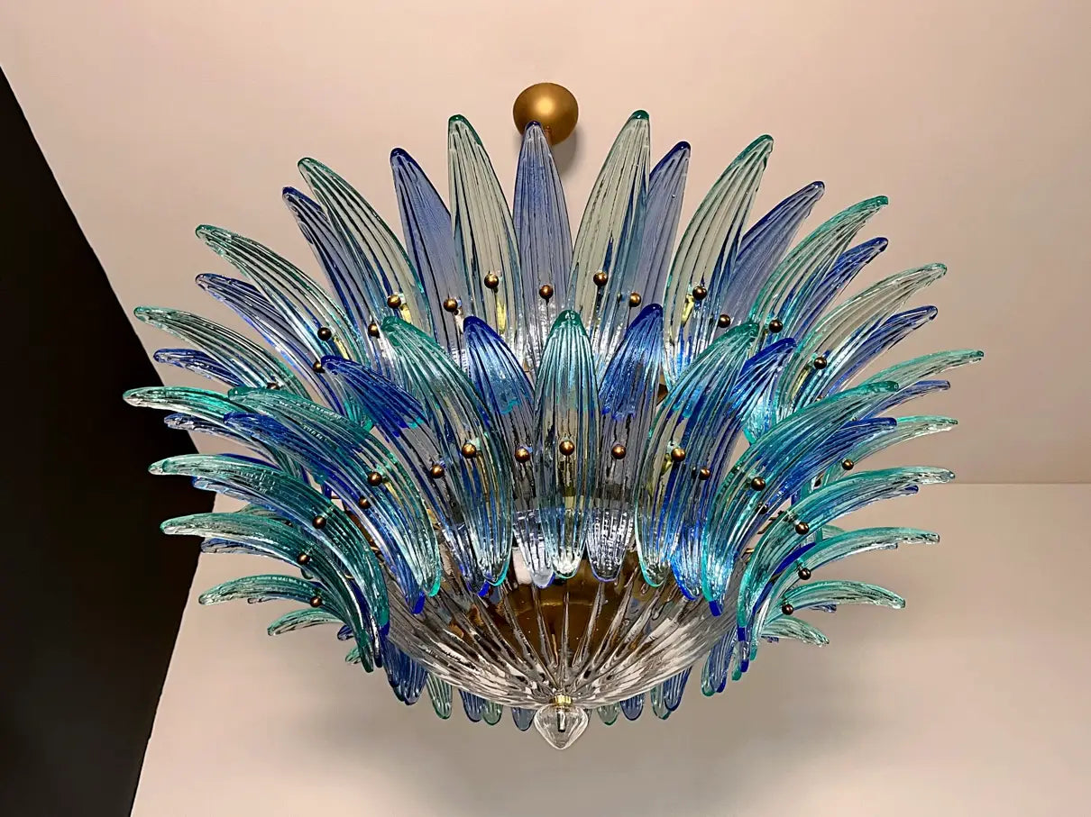 Murano Kroonluchter | 82 Blauwe en Turquesa Palmette Glas