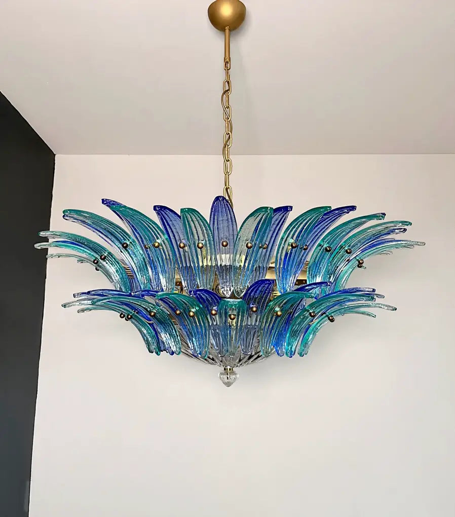 Murano Chandelier | 82 Blue & Turquoise Palmette Glass | Italian