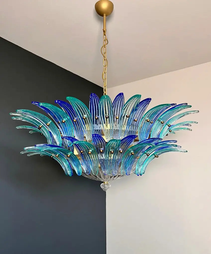 Murano Kroonluchter | 82 Blauwe en Turquesa Palmette Glas