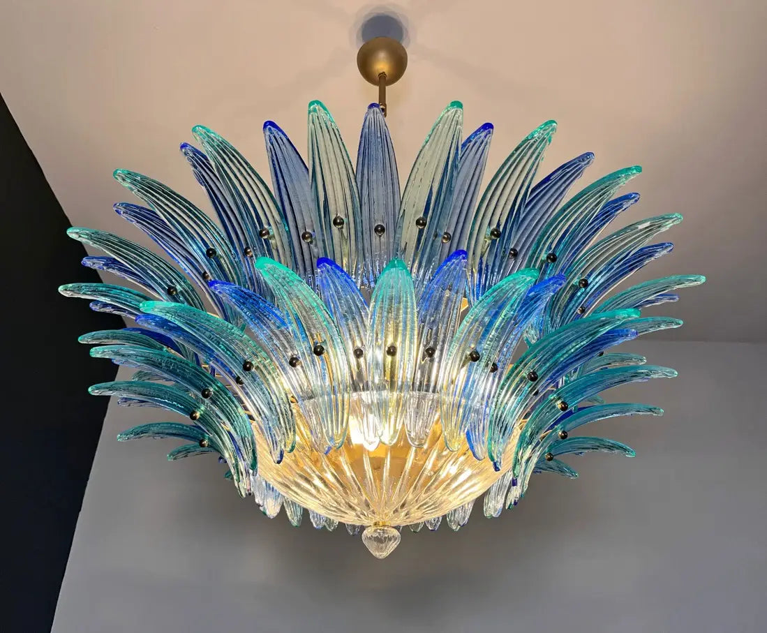 Murano Kroonluchter | 82 Blauwe en Turquesa Palmette Glas