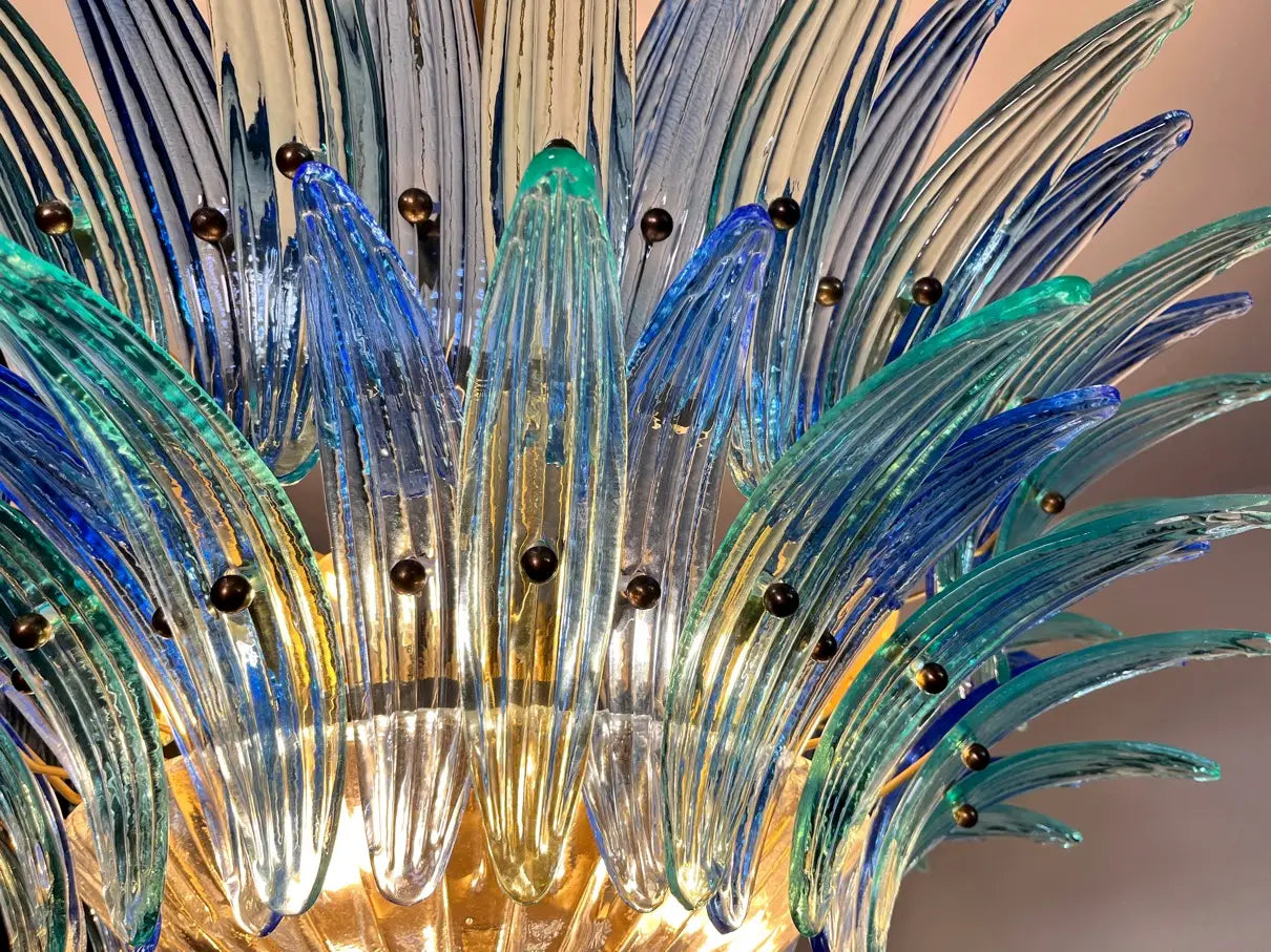 Murano Kroonluchter | 82 Blauwe en Turquesa Palmette Glas