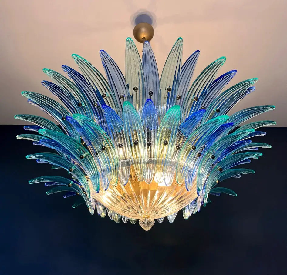 Murano Kroonluchter | 82 Blauwe en Turquesa Palmette Glas