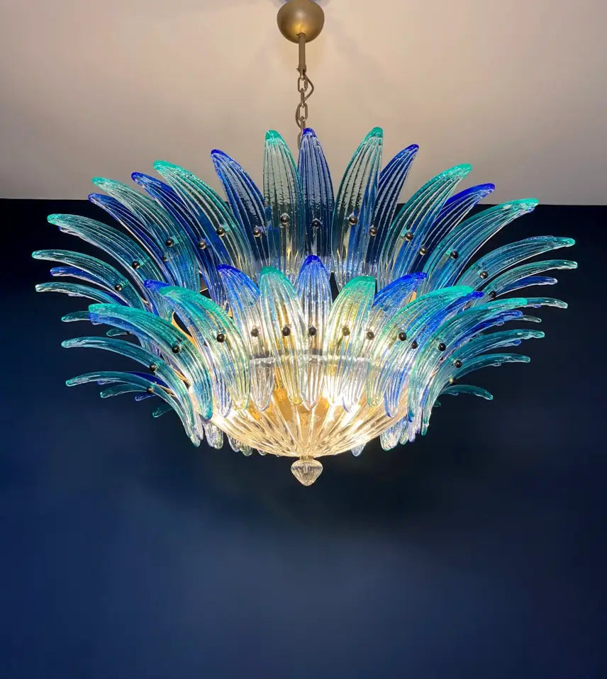 Murano Kroonluchter | 82 Blauwe en Turquesa Palmette Glas