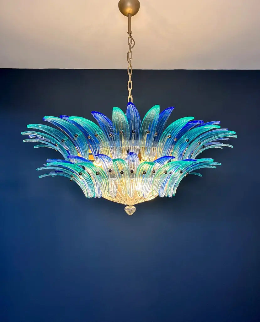 Murano Kroonluchter | 82 Blauwe en Turquesa Palmette Glas