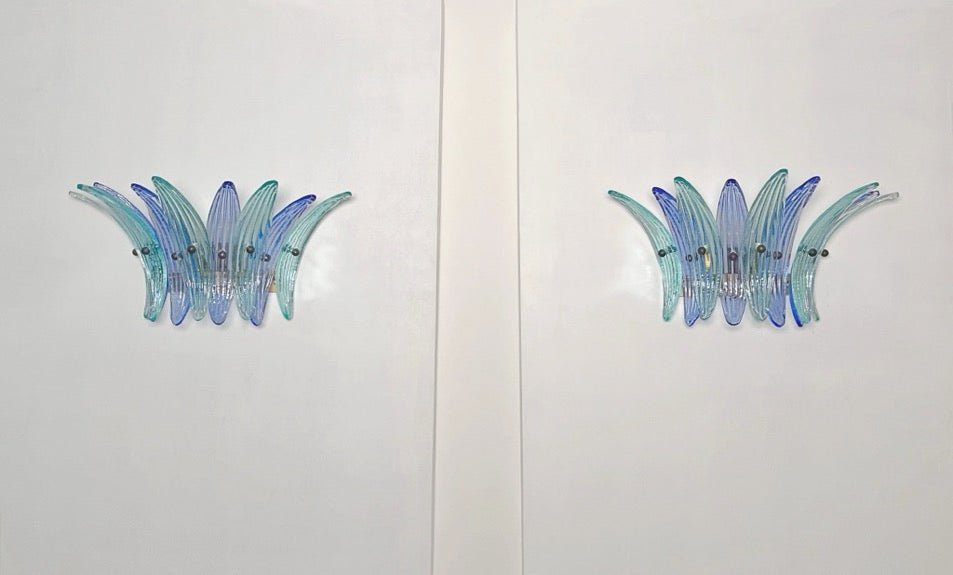 Murano Wall Lamp – 9 Blue Turquoise Palmette Glass – Set of 2 – Murano Classics