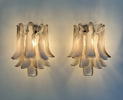 Pair of Vintage Italian Murano wall lights – Mazzega – 10 smoked lattimo glass petals