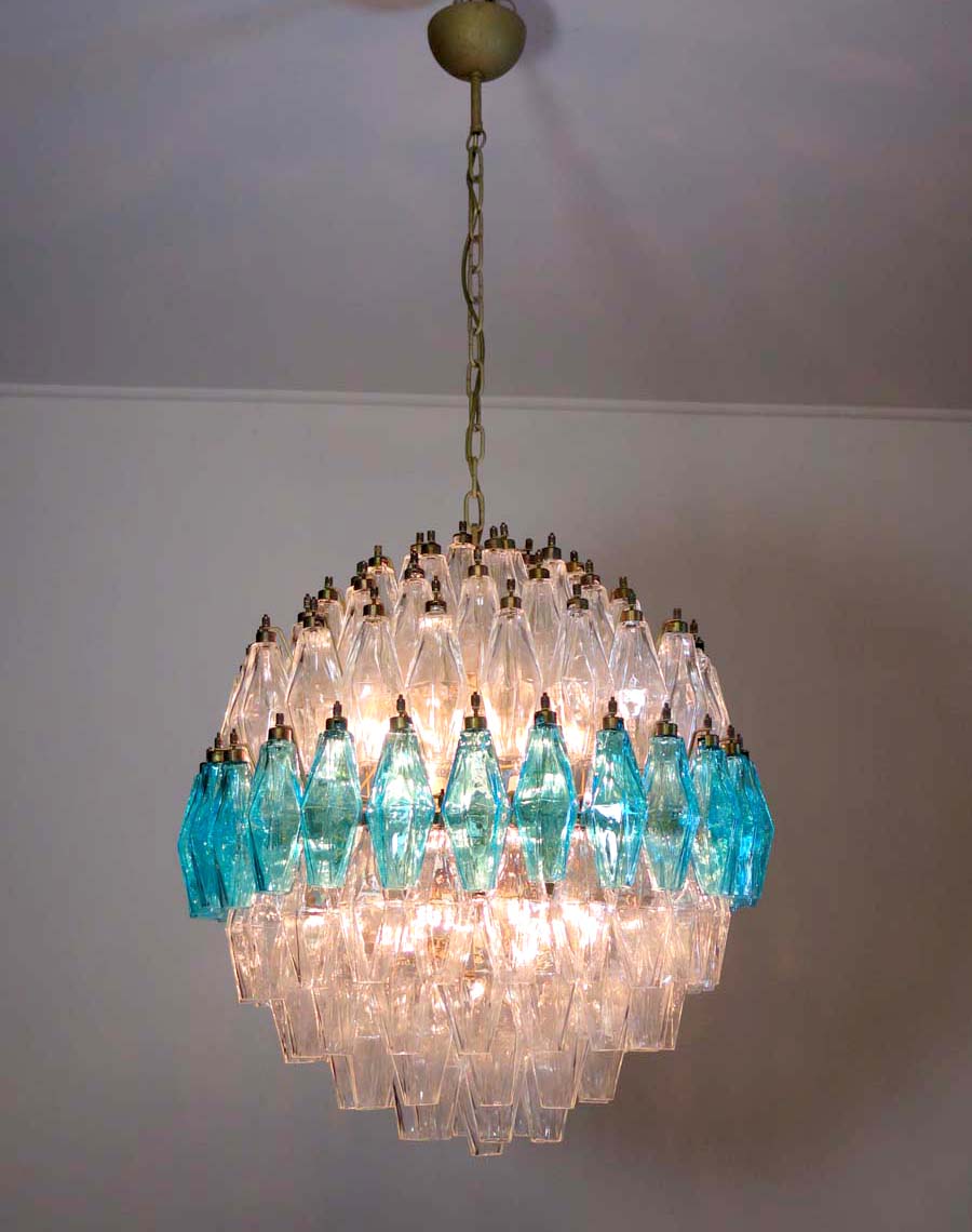 Murano Kroonluchter | 140 Helder en Blauw Poliedri Glas
