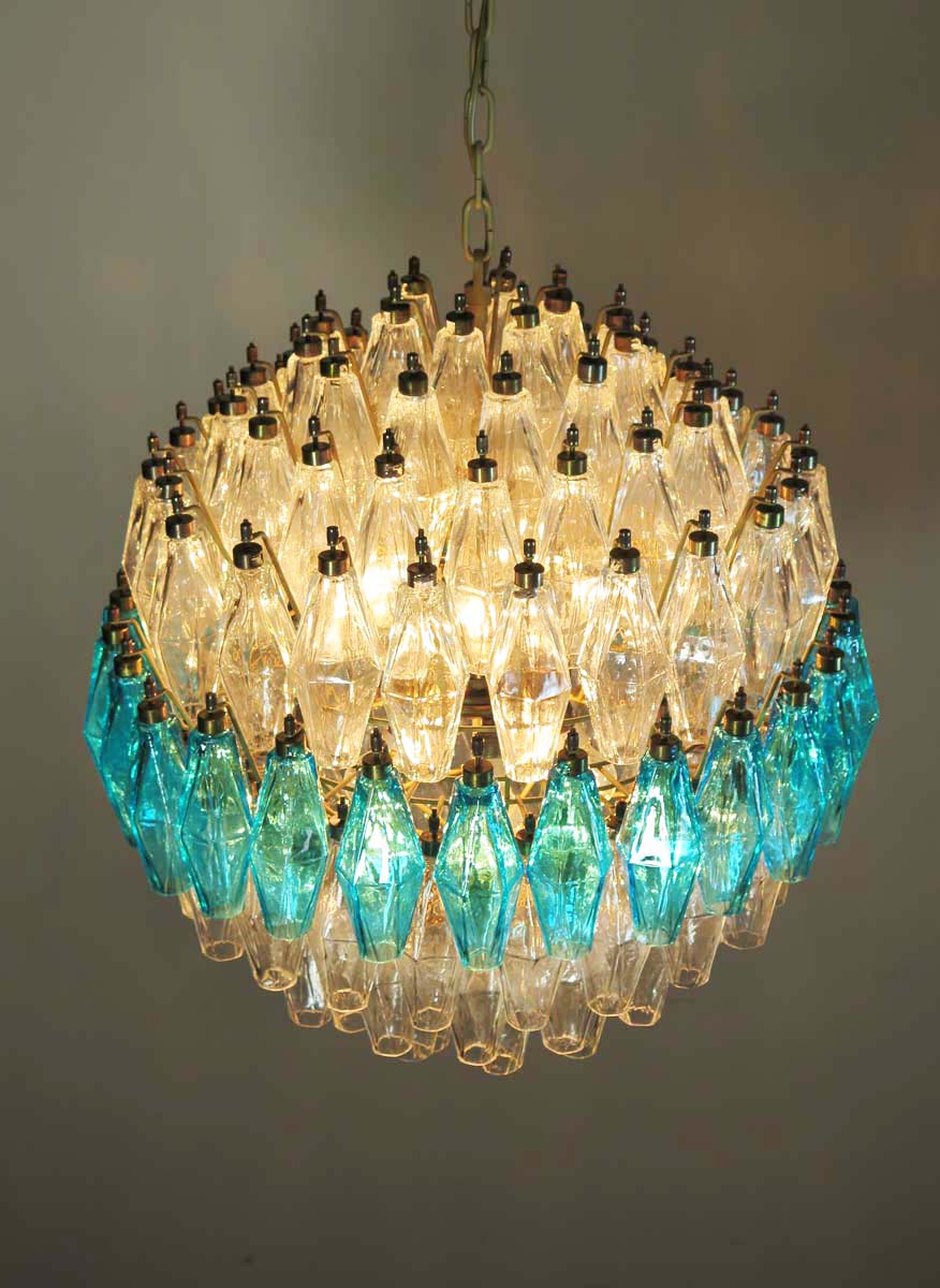 Murano Kroonluchter | 140 Helder en Blauw Poliedri Glas