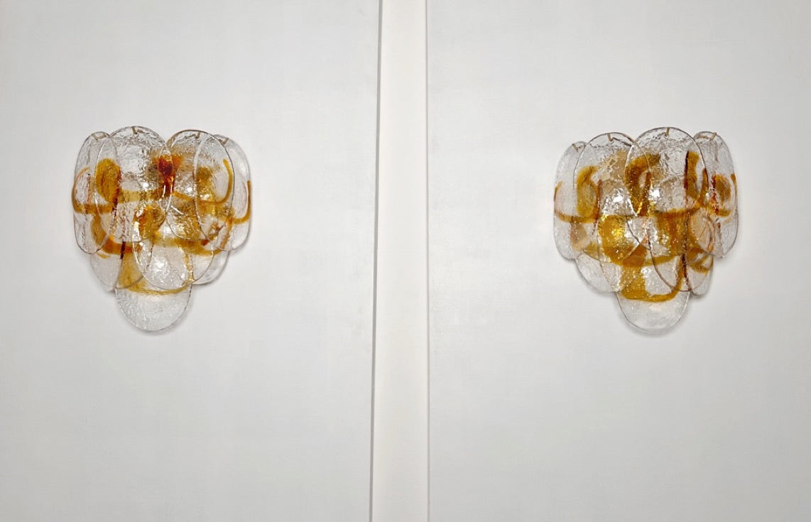 Murano Vegglampe | 20 Klare Gule Konglebladglass | 1 par