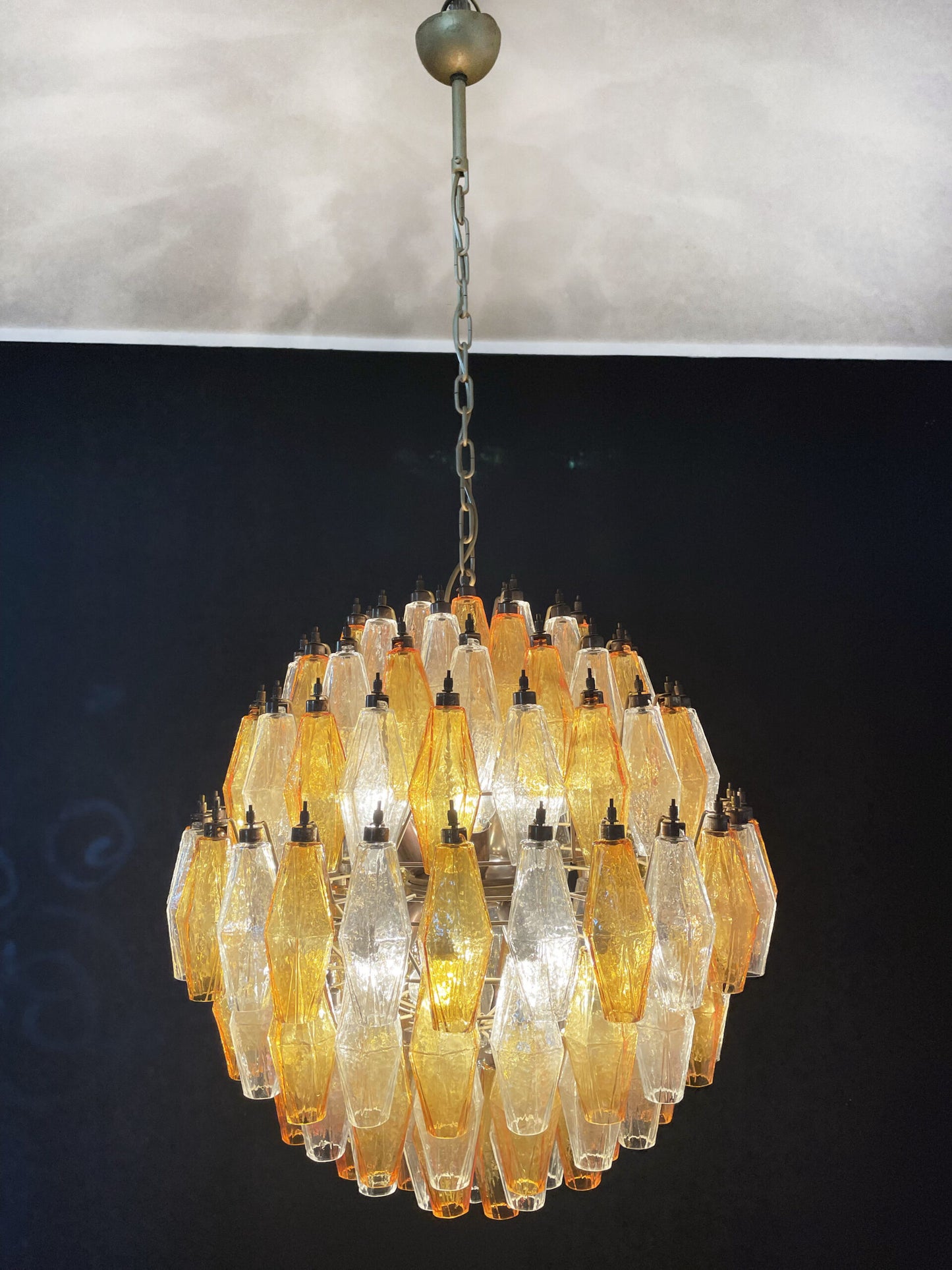 Lampadario Murano | 140 Poliedri in Vetro Trasparente e Giallo