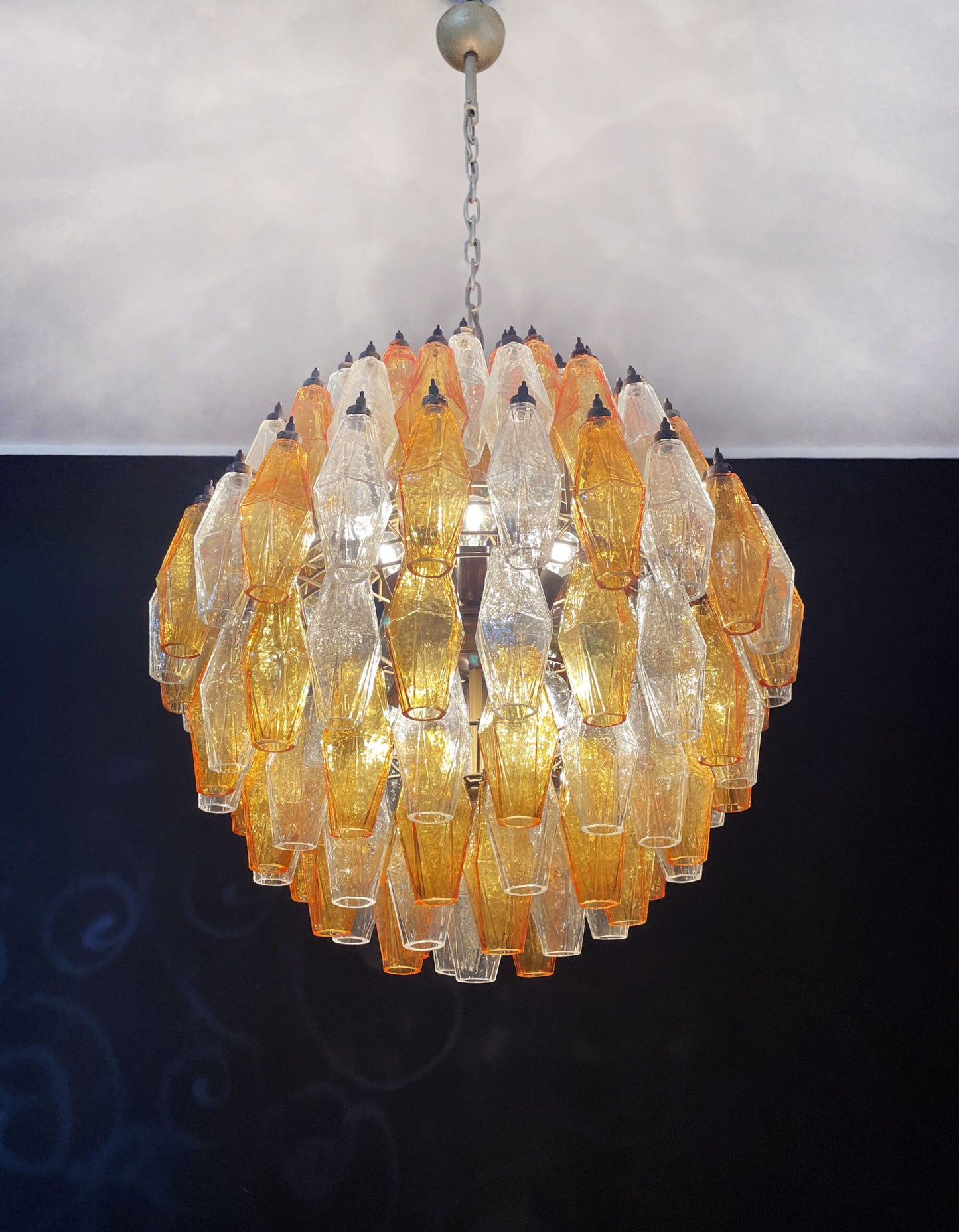 Lampadario Murano | 140 Poliedri in Vetro Trasparente e Giallo