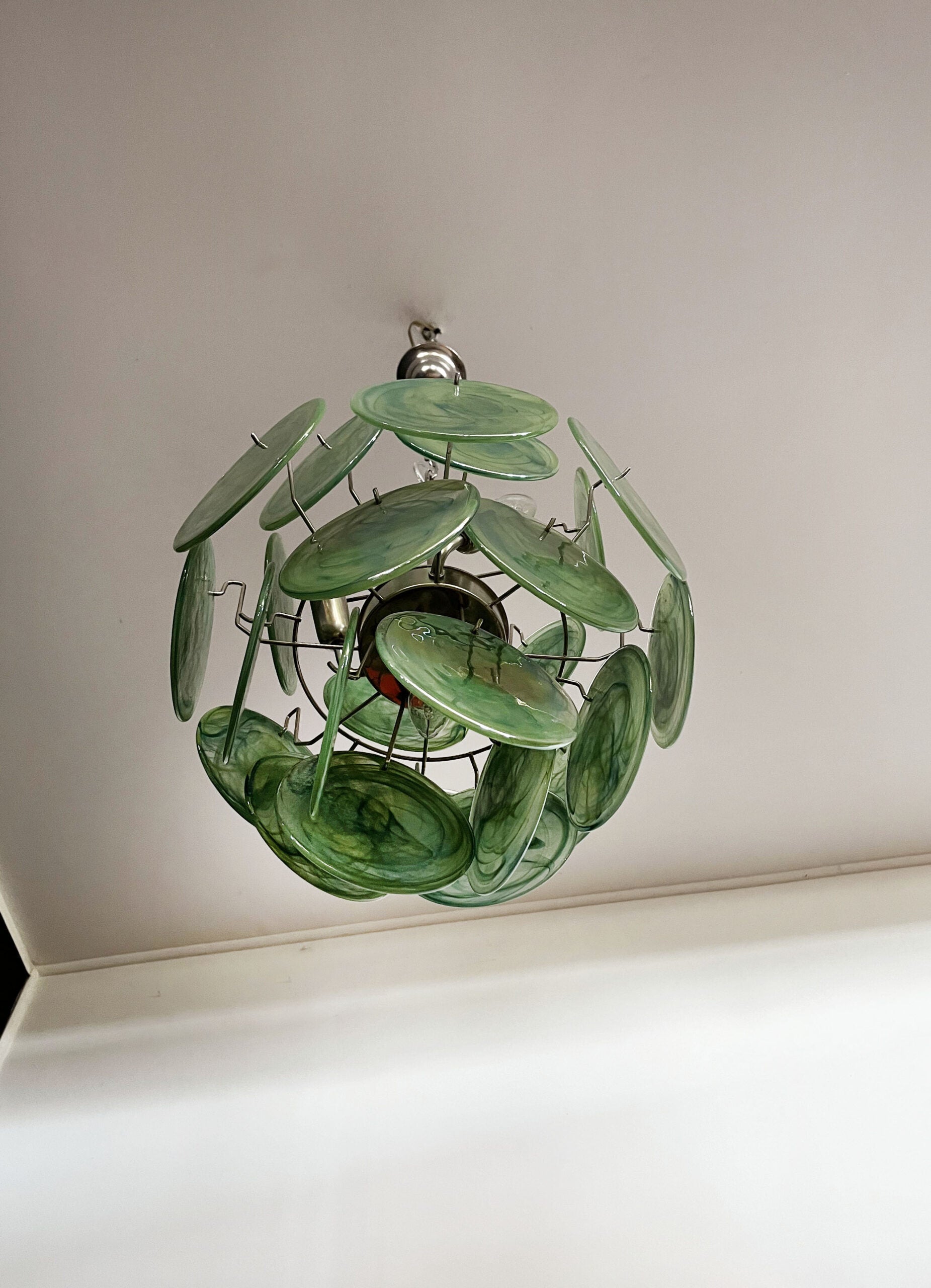 Murano Chandelier – 24 Green Disc Glasses – detail 2 – Murano Classics