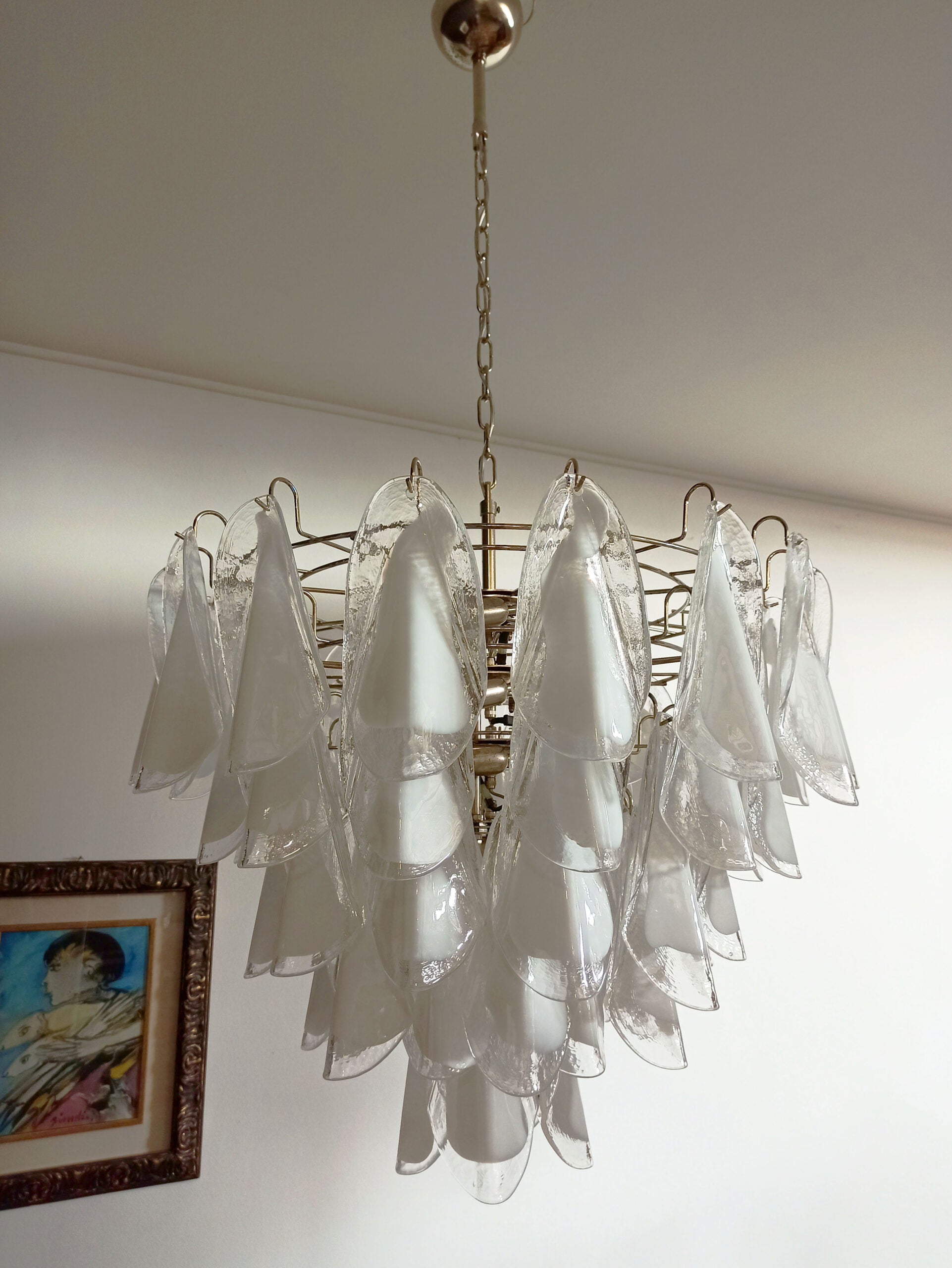 Murano Lysekrone – 57 Hvite Klare Rondiniglass – detalj 2 – Murano Classics