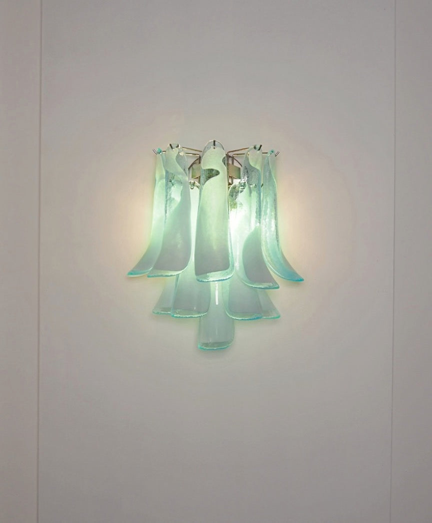 Murano Vegglampe | 10 Hvite Turkise Lattimo Konglebladglass | 1 par