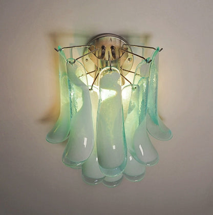 Murano Vegglampe | 10 Hvite Turkise Lattimo Konglebladglass | 1 par