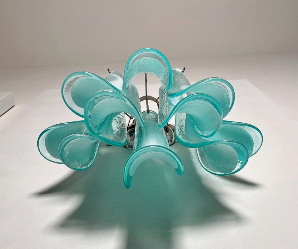 Murano Vegglampe | 10 Hvite Turkise Lattimo Konglebladglass | 1 par