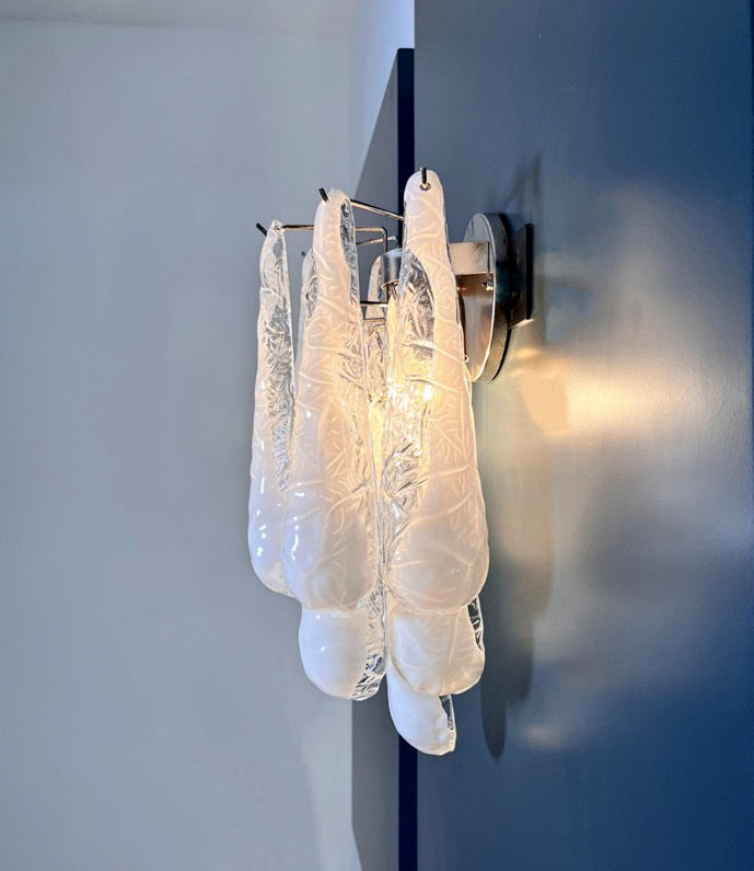 Murano Vegglampe | 10 Hvite Lattimo Dråpeglass | 1 par