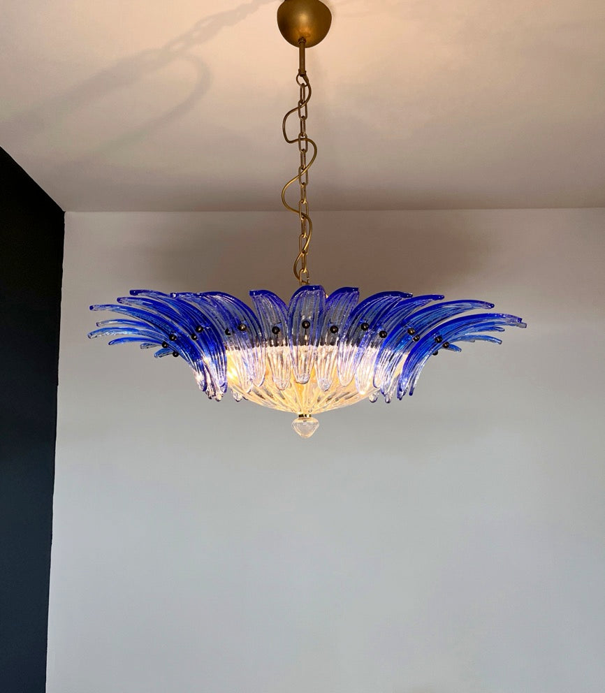 Murano Lysekrone | 36 Klare Blå Gull Palmeglass