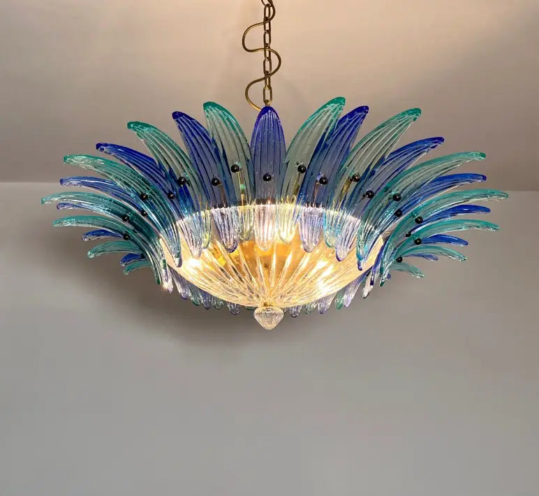 Murano Kroonluchter – 36 Heldere en Blauwe Palmetteglazen – detail 5 – Murano Classics