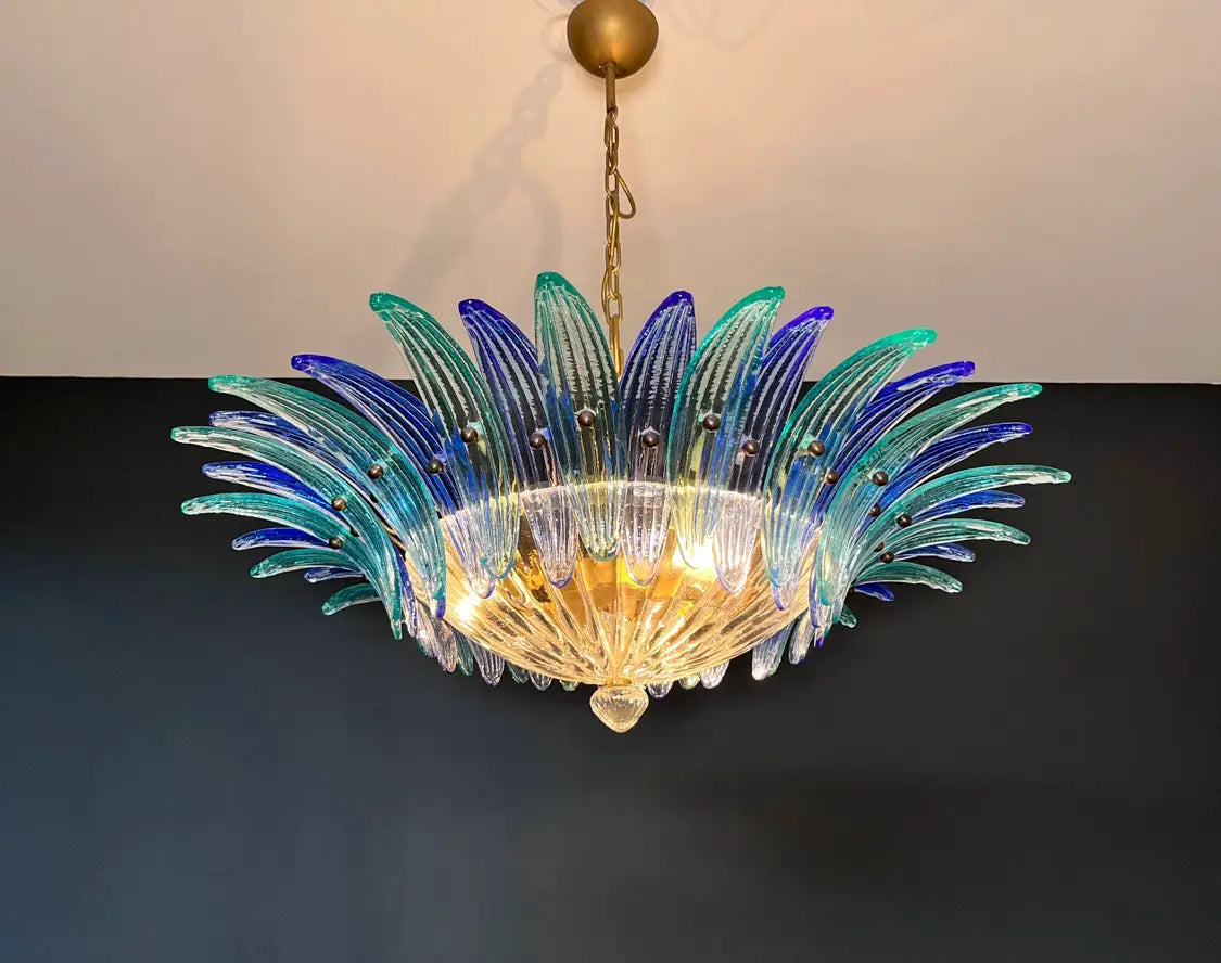 Murano Kroonluchter – 36 Heldere en Blauwe Palmetteglazen – detail 10 – Murano Classics