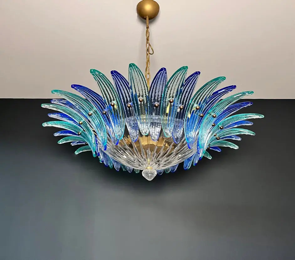 Murano Chandelier – 36 Clear and Blue Palmette Glass – Murano Classics