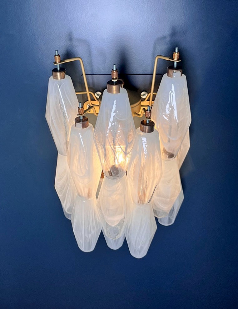 Murano Vegglampe | 17 Hvite Alabaster Gull Poliedriglass | 1 par