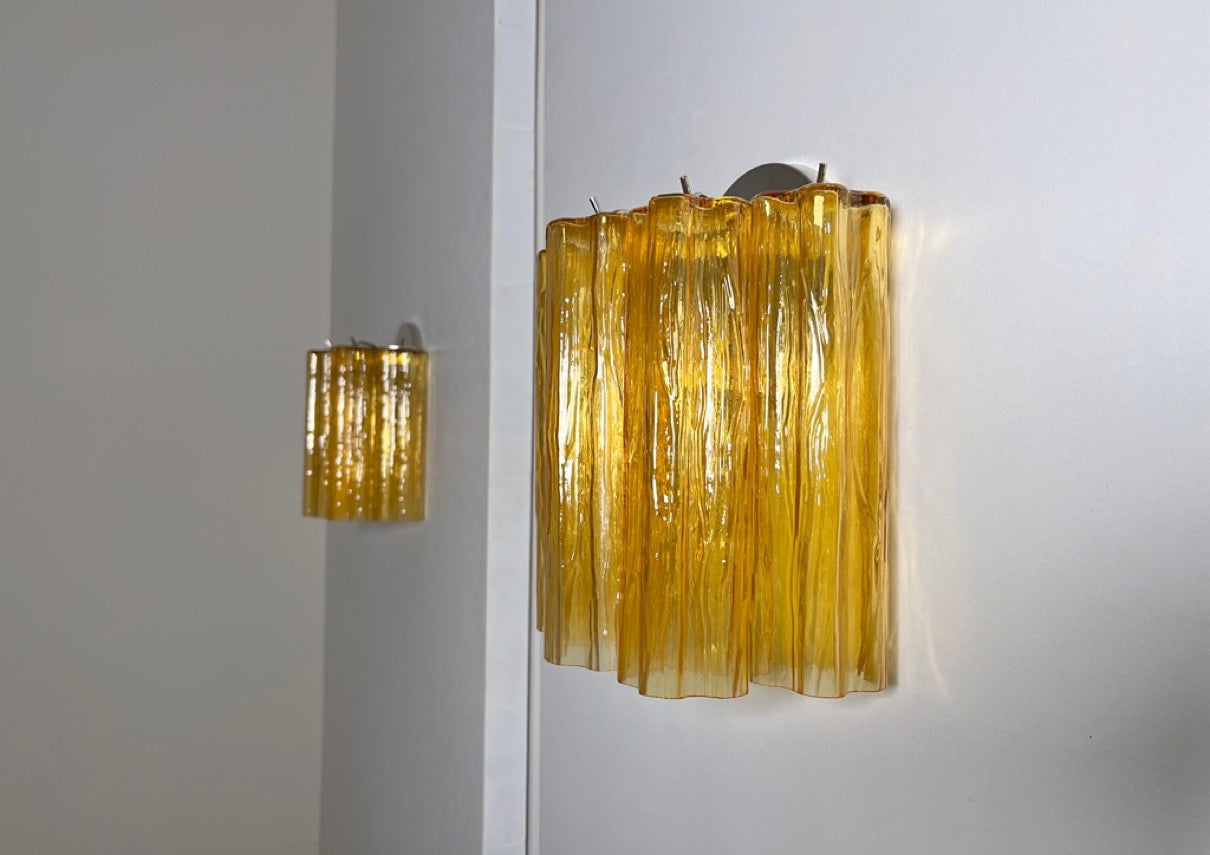 Murano Vegglampe | 5 Gule Rørglass | 1 par