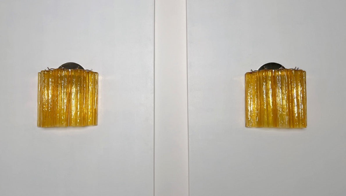 Murano Vegglampe | 5 Gule Rørglass | 1 par