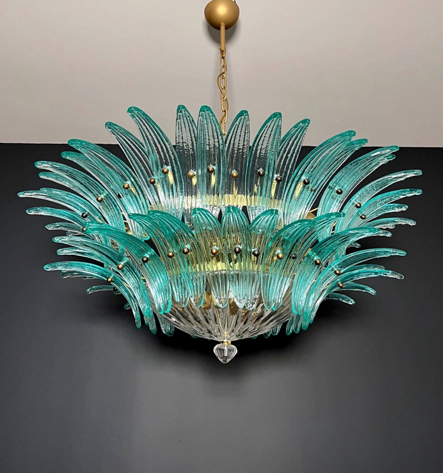 Murano Lysekrone | 82 Klare Gull Turkise Palmeglass