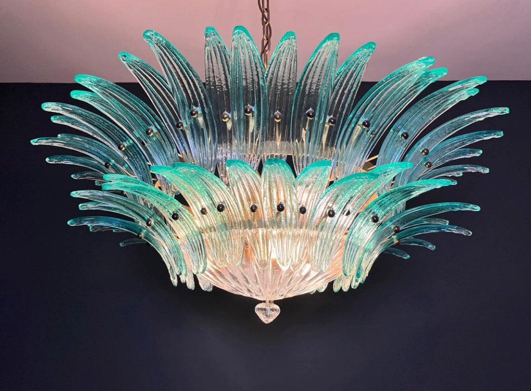 Murano Lysekrone | 82 Klare Gull Turkise Palmeglass