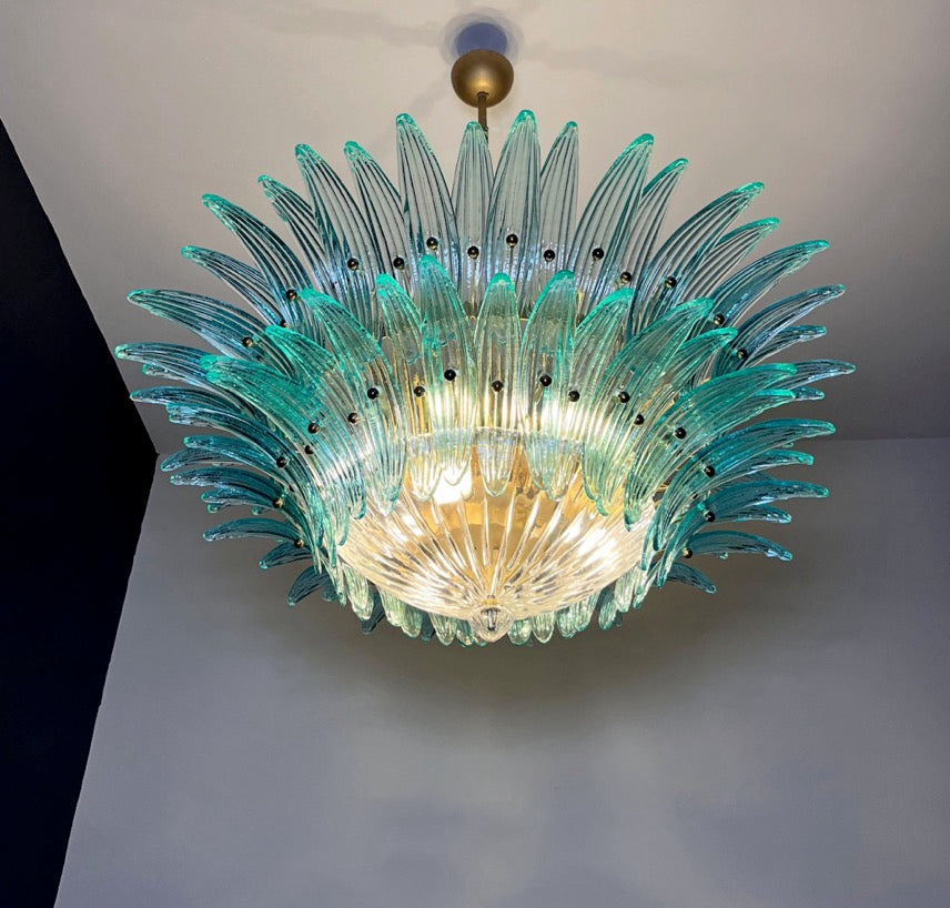 Murano Lysekrone | 82 Klare Gull Turkise Palmeglass