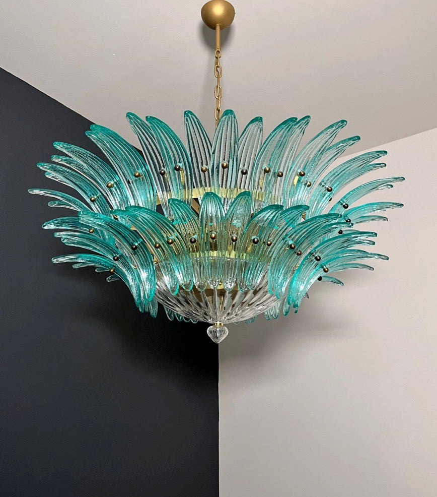 Murano Lysekrone | 82 Klare Gull Turkise Palmeglass