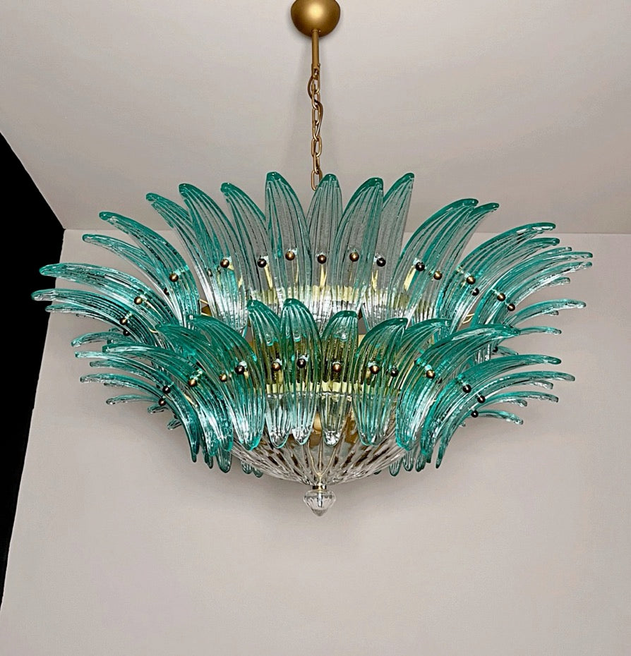 Murano Lysekrone | 82 Klare Gull Turkise Palmeglass