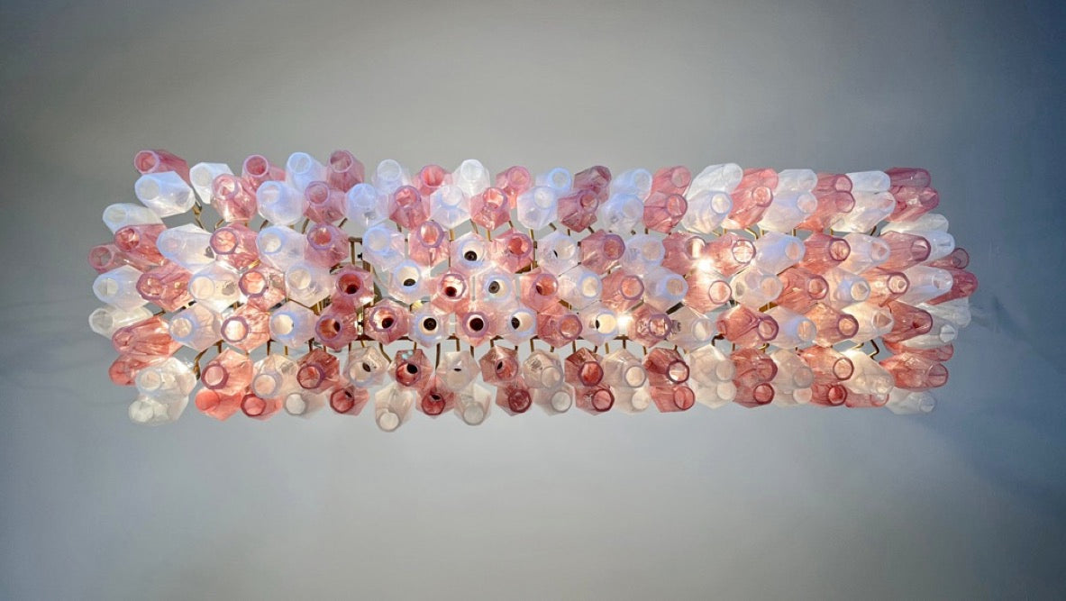 Murano Lysekrone | 138 Rosa Hvite Alabaster Gull Poliedriglass