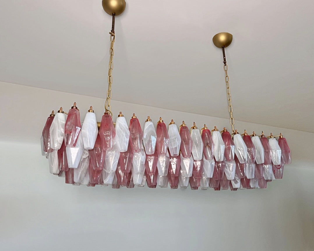 Murano Lysekrone | 138 Rosa Hvite Alabaster Gull Poliedriglass