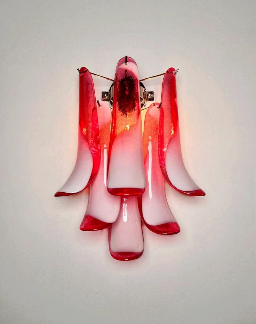 Murano Vegglampe | Røde Lattimo Konglebladglass | 1 par