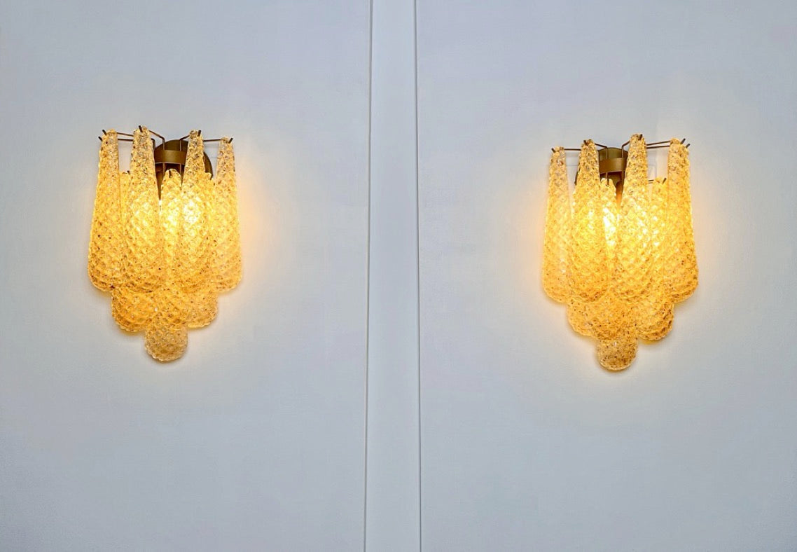 Murano Vegglampe | 10 Klare Gule Gull Dråpeglass | 1 par