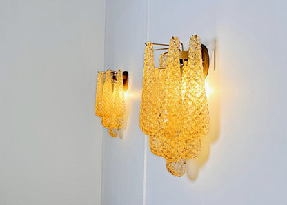 Murano Vegglampe | 10 Klare Gule Gull Dråpeglass | 1 par