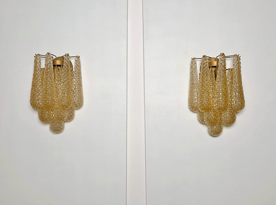 Murano Vegglampe | 10 Klare Gule Gull Dråpeglass | 1 par