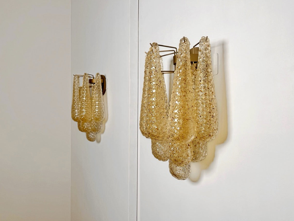 Murano Vegglampe | 10 Klare Gule Gull Dråpeglass | 1 par