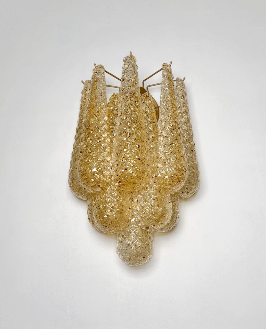 Murano Vegglampe | 10 Klare Gule Gull Dråpeglass | 1 par